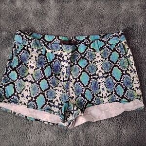 BCBGMaxAzria Blue and Green Patterned Jean Shorts